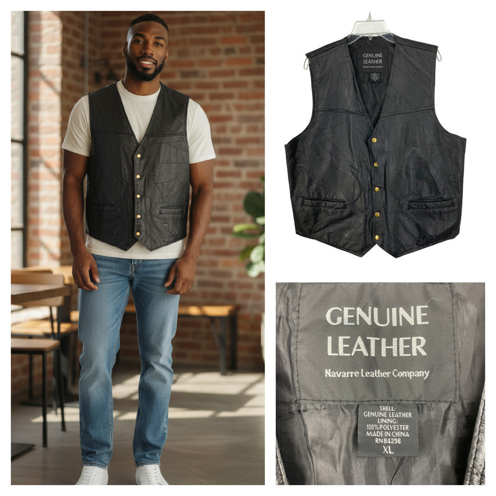 Vintage 1980's Navarre Leather Co. Men's Sz XL Black Leather Snap Front Vest